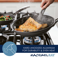 Using the 2-Piece Cook + Create Hard Anodized Nonstick Frying Pan Set on a gas stove ensures an even cook and easy cleanup, thanks to its smooth surface.