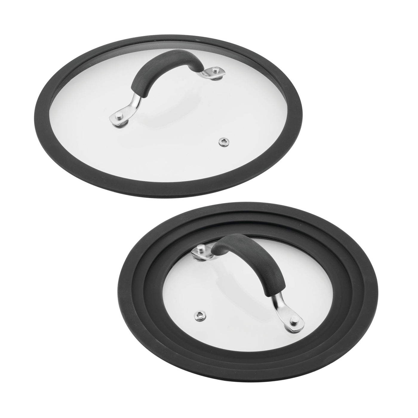 The 10-Piece Cook + Create Hard Anodized Nonstick Cookware Set includes two glass pot lids with black silicone rims and handles, making them the ideal match for a sleek, nonstick cooking experience.