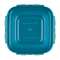 Teal square container from the 20-Piece Nestable Storage Containers collection by Rachael Ray, featuring a secure 4-hinge locking system for effortless organization and nestable convenience.