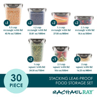 30-piece set of nestable food storage containers, featuring both rectangular and square designs, BPA-free material, durable construction, and leak-proof seals.