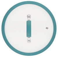 The teal and white lid with a handle and steam vent, viewed from above, is the perfect match for the 3-Quart Cook + Create Nonstick Sauté Pan, ensuring effortless cooking.