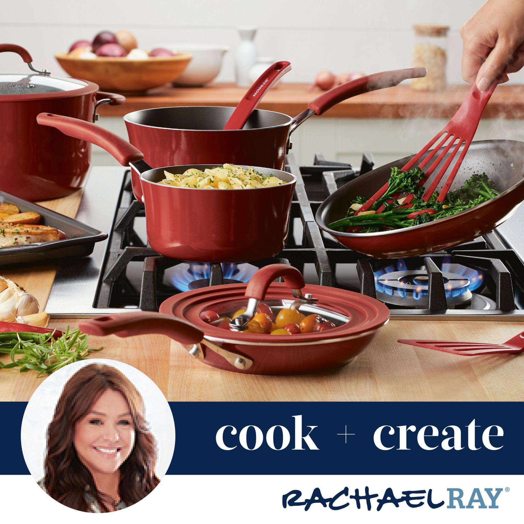 A vibrant red aluminum cookware set sits on the stove, where vegetables and pasta are being cooked to perfection in a 10.5-Inch Cook + Create Nonstick Open Stir Fry.