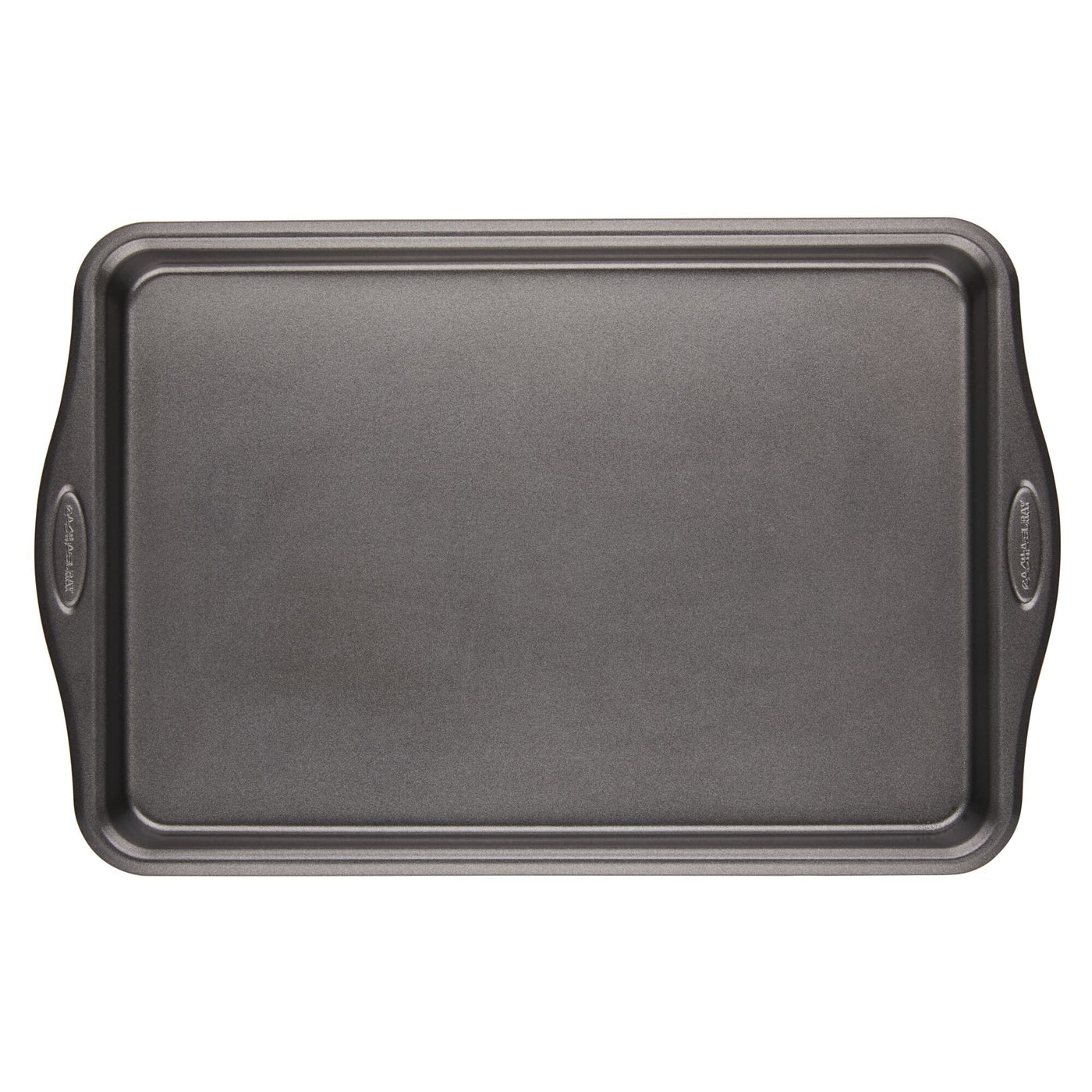 A piece from the 10-Piece Cook + Create Hard Anodized Nonstick Cookware Set, featuring a rectangular nonstick metal baking sheet with handles made from hard-anodized aluminum, rests on a pristine white background.