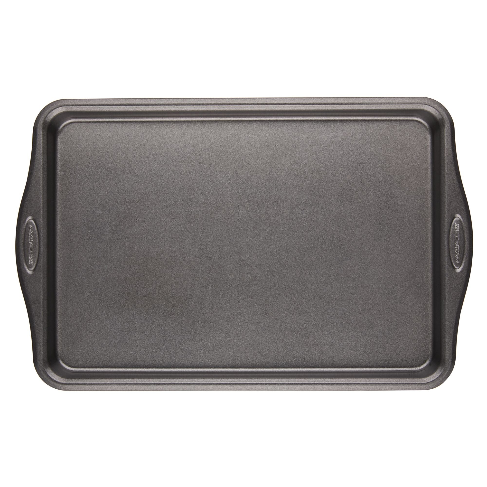 A piece from the 10-Piece Cook + Create Hard Anodized Nonstick Cookware Set, featuring a rectangular nonstick metal baking sheet with handles made from hard-anodized aluminum, rests on a pristine white background.