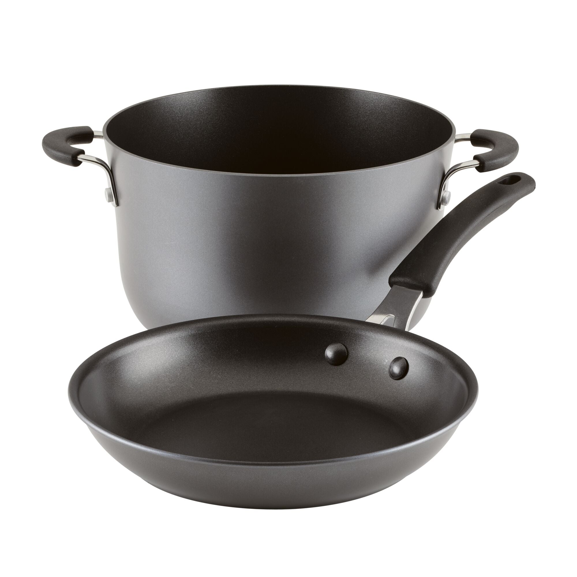 The 10-Piece Cook + Create Hard Anodized Nonstick Cookware Set is made from hard-anodized aluminum and includes a cooking pot and frying pan with black handles, all displayed against a pristine white background.