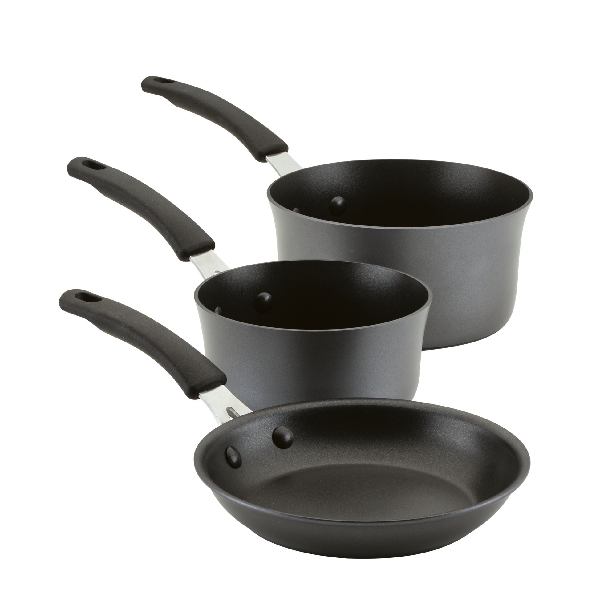 The 10-Piece Cook + Create Hard Anodized Nonstick Cookware Set includes black pans made from hard-anodized aluminum with a non-stick surface and ergonomic handles to ensure effortless cooking.
