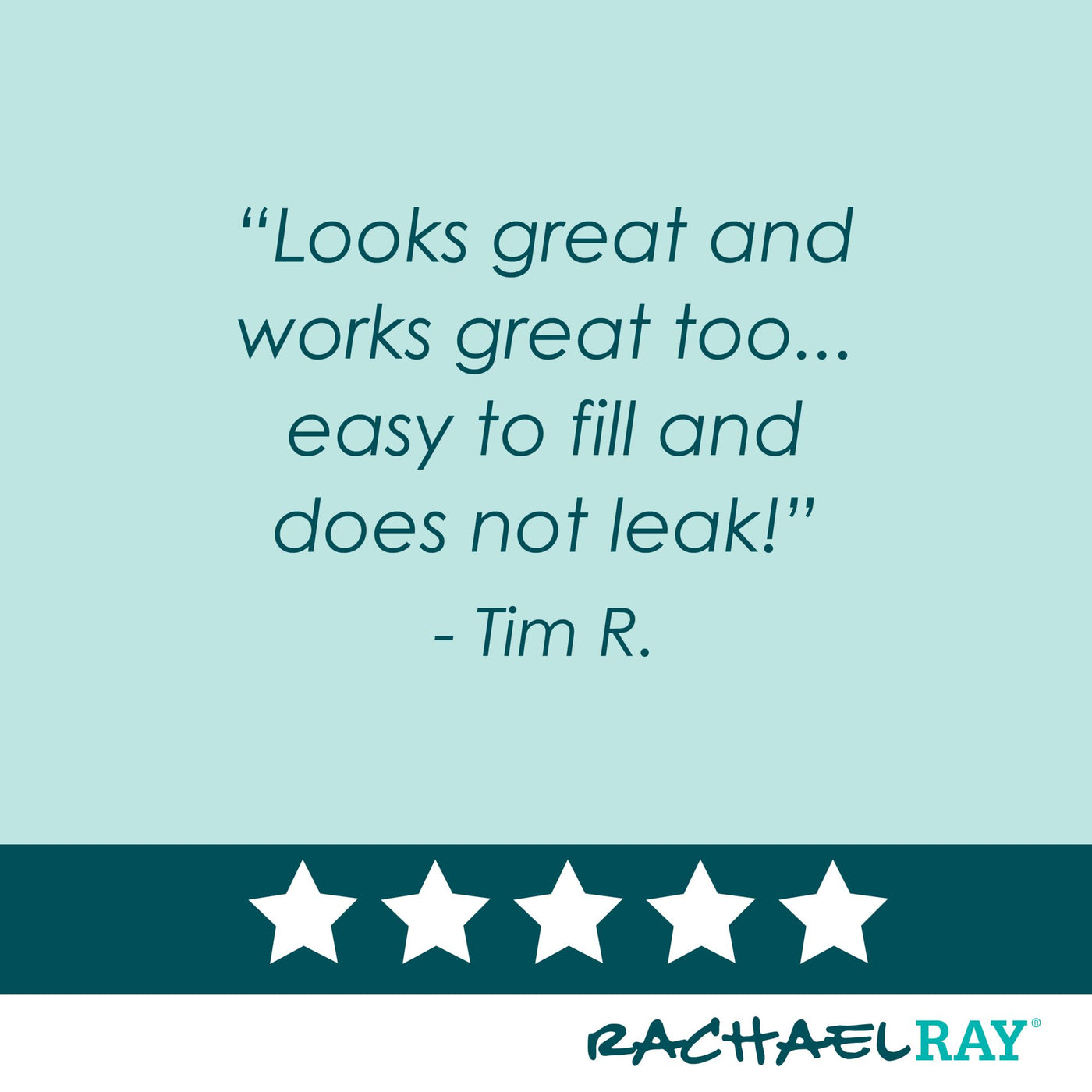 Include a five-star review quote along with the Rachael Ray logo at the bottom, emphasizing the stainless steel pour spout of the 24-Ounce EVOO Bottle for precision pouring.