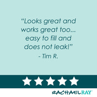 Include a five-star review quote along with the Rachael Ray logo at the bottom, emphasizing the stainless steel pour spout of the 24-Ounce EVOO Bottle for precision pouring.