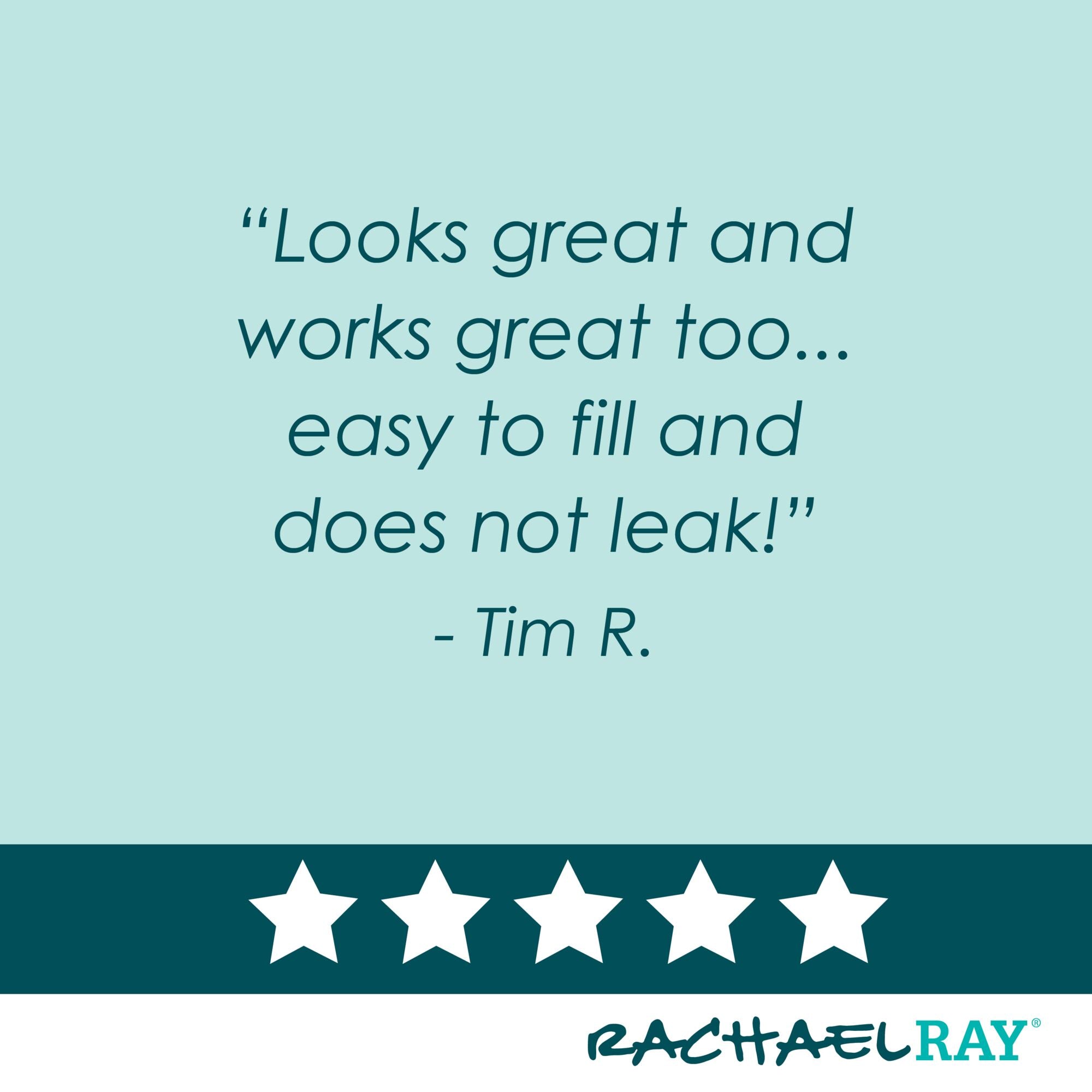 Include a five-star review quote along with the Rachael Ray logo at the bottom, emphasizing the stainless steel pour spout of the 24-Ounce EVOO Bottle for precision pouring.