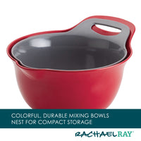 Rachael Ray's 2-Qt. and 3-Qt. Nesting Mixing Bowl Set, in red and gray, comes with handles and non-slip rubberized bottoms to ensure stability during use.