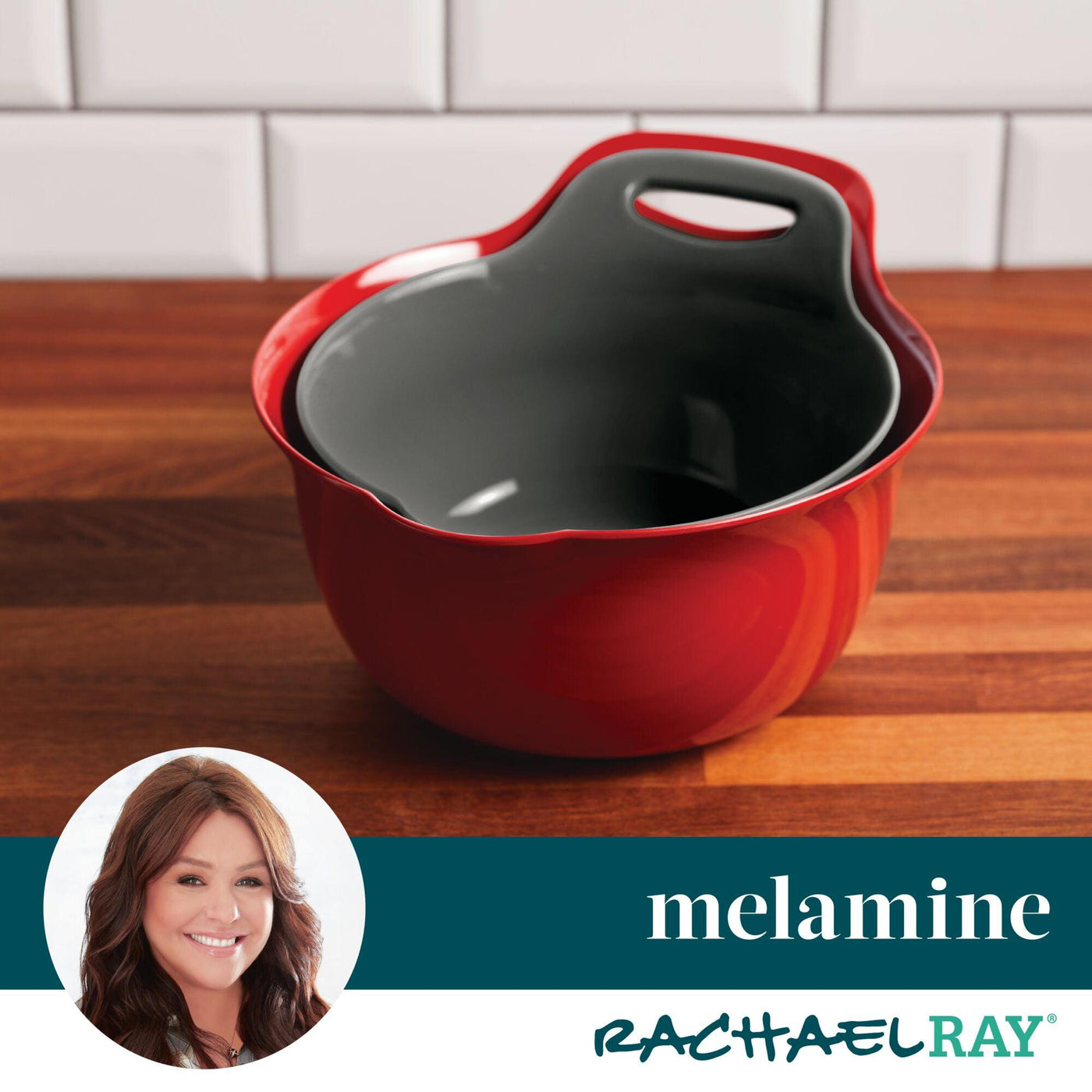A 2-Qt. & 3-Qt. Nesting Mixing Bowl, featuring a non-slip rubberized bottom, sits elegantly on the wooden countertop, its handle poised for easy use.