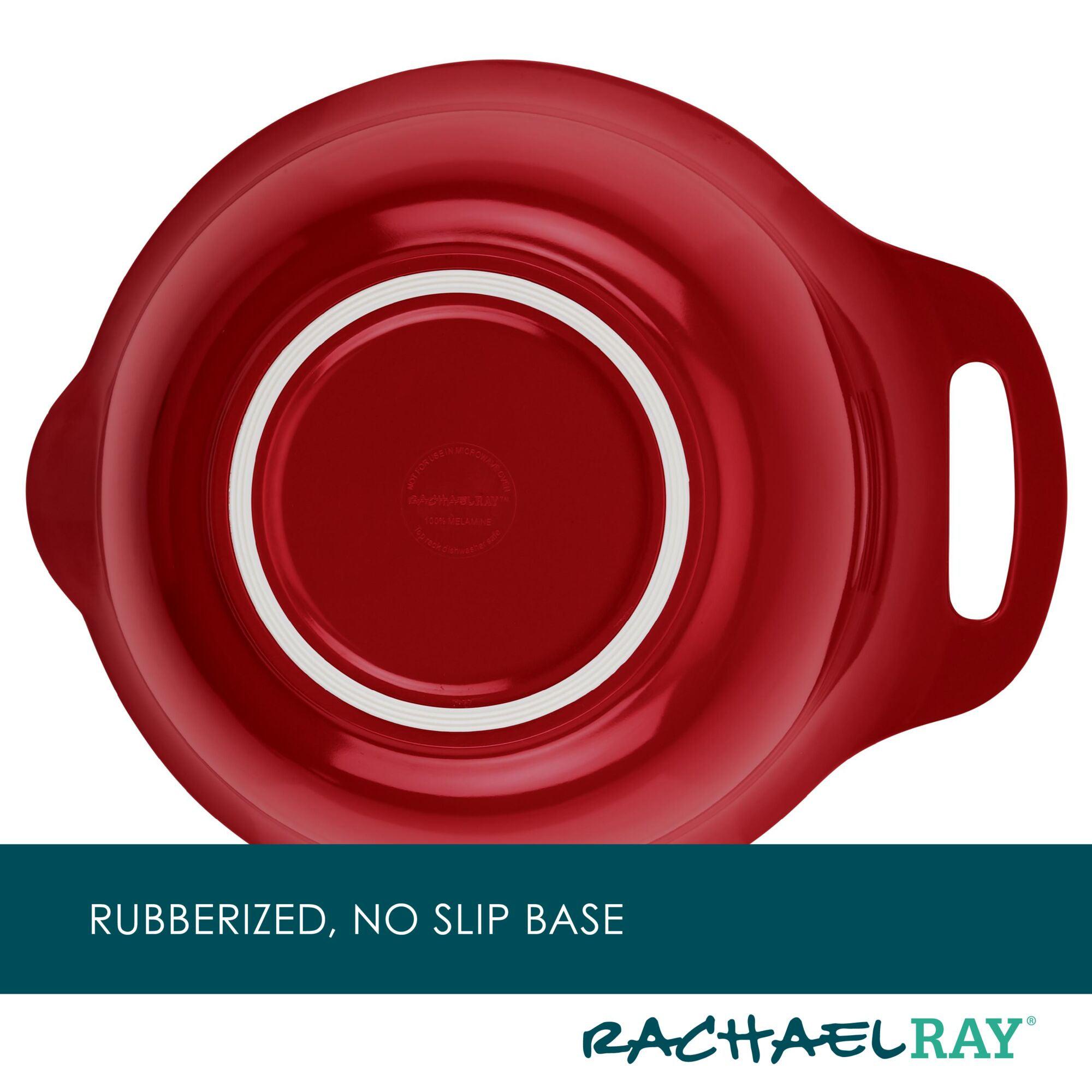 Red Nesting Mixing Bowl Set featuring convenient pour spouts and a non-slip rubberized bottom.