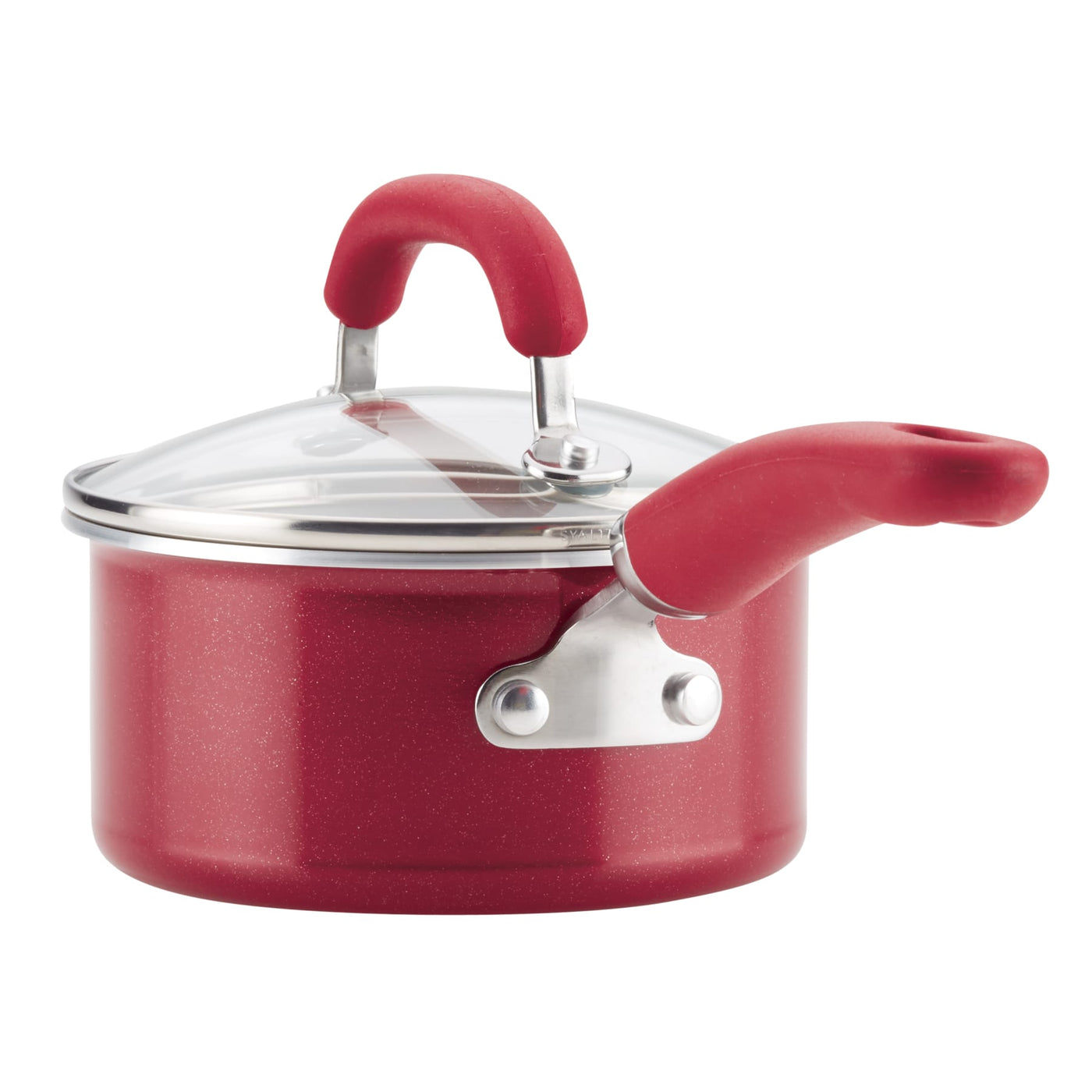 13-piece nonstick induction cookware set with red saucepan and glass lid.