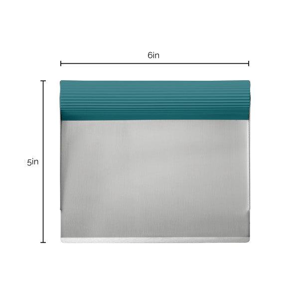 The Bench Scrape - Rach's Food Mover features a stainless steel design with a teal handle, ideal for effortlessly moving food. Its dimensions are 6x5 inches.