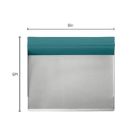 The Bench Scrape - Rach's Food Mover features a stainless steel design with a teal handle, ideal for effortlessly moving food. Its dimensions are 6x5 inches.