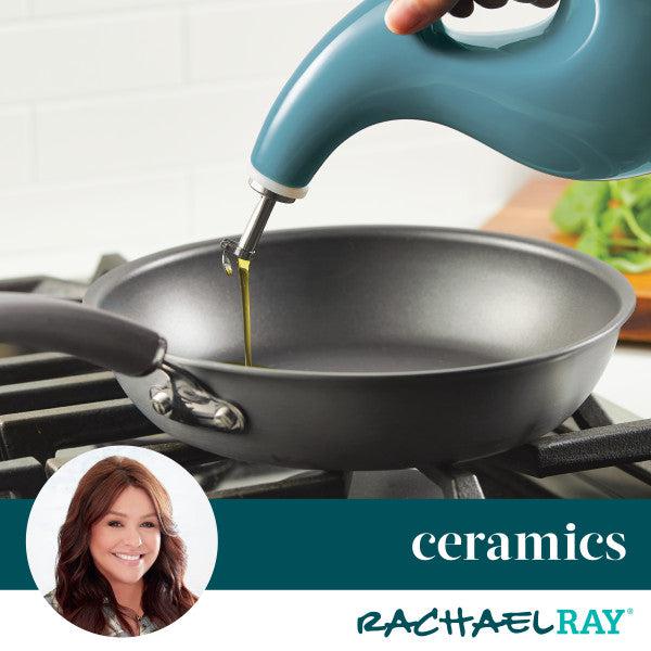 A person is using precision pouring to add oil into a pan on the stove, showcased in this promotional image for cookware. The stainless steel pour spout of the 24-Ounce EVOO Bottle ensures a smooth, controlled flow.