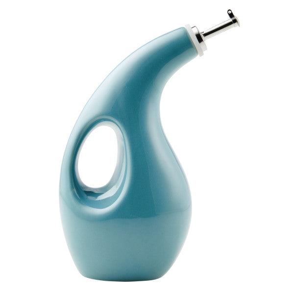 The 24-Ounce EVOO Bottle is a blue curved oil dispenser equipped with a stainless steel pour spout and an ergonomic handle for precision pouring.
