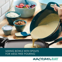 Pouring batter from a bowl in the 10-Piece Mix, Measure, and Utensil Set onto a griddle, accompanied by measuring cups and fresh ingredients.