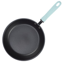 10-piece hard anodized nonstick cookware set with light blue handles.