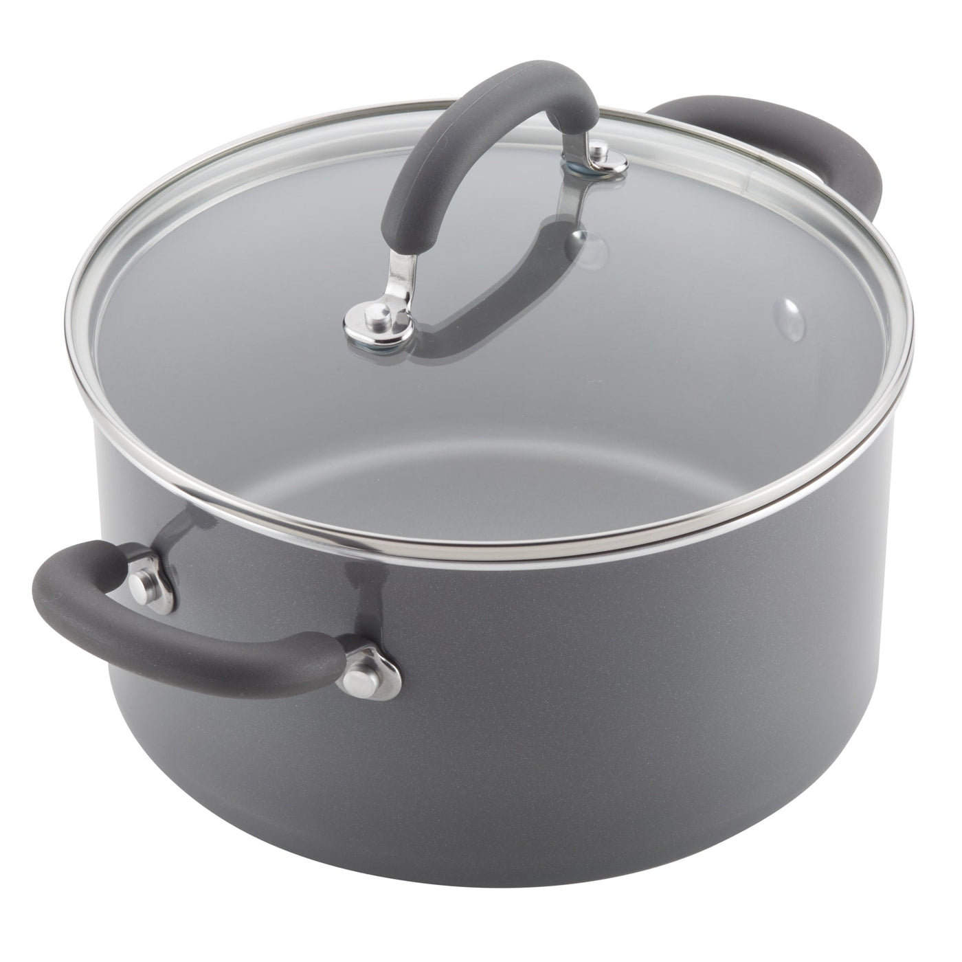 13-Piece Nonstick Set includes gray saucepan with glass lid and durable aluminum.