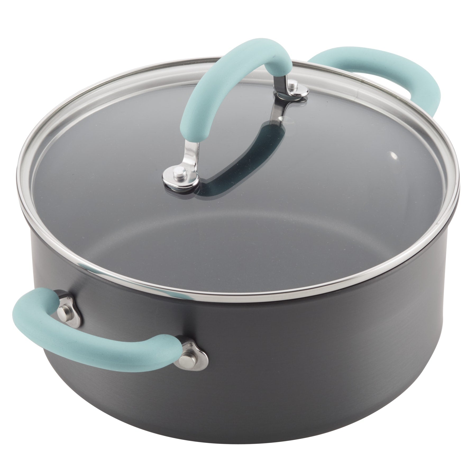 11-Piece Hard Anodized Nonstick Induction Cookware Set with glass lid, blue handles.