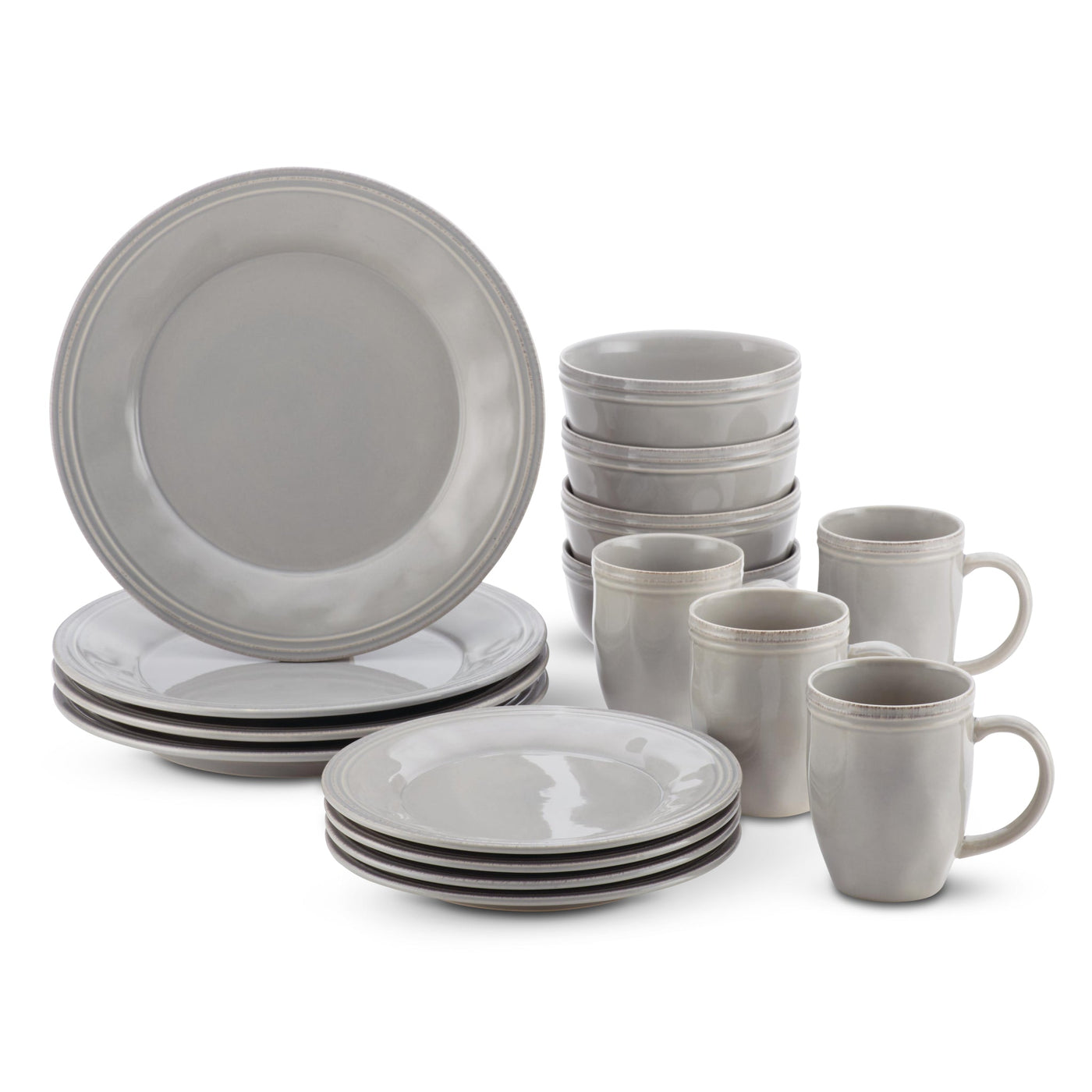 This 16-piece dinnerware set, showcasing a stunning handcrafted texture in gray, includes plates, bowls, and mugs that are conveniently dishwasher safe.
