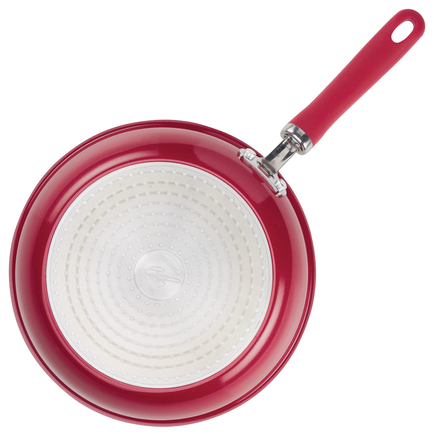 Red 13-piece cookware set with PlatinumShield Tech and textured white bases.
