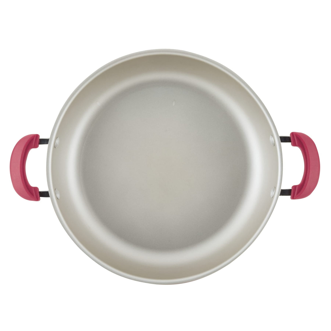 Top view of empty 8-piece nonstick induction cookware with red handles.