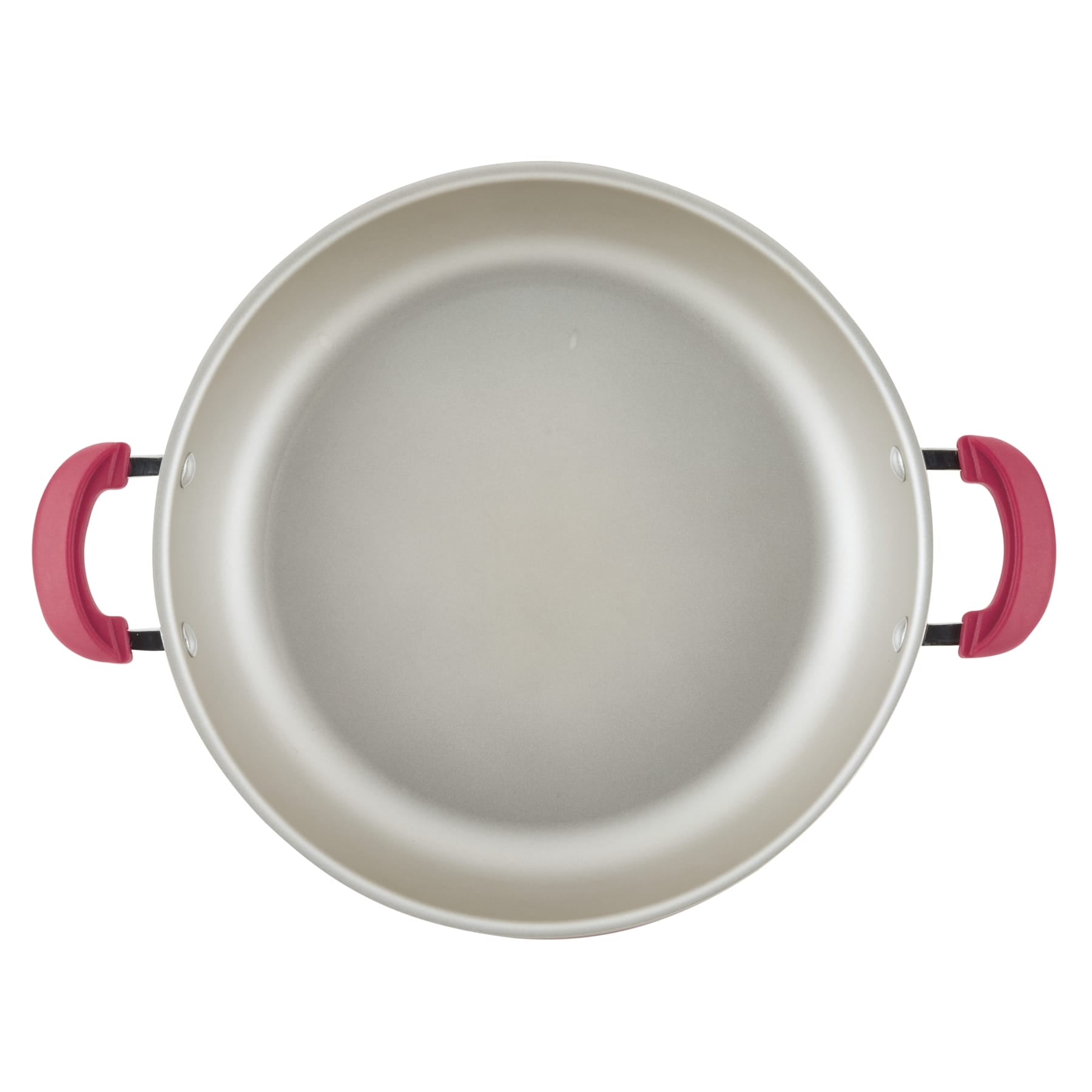 Top view of empty 8-piece nonstick induction cookware with red handles.