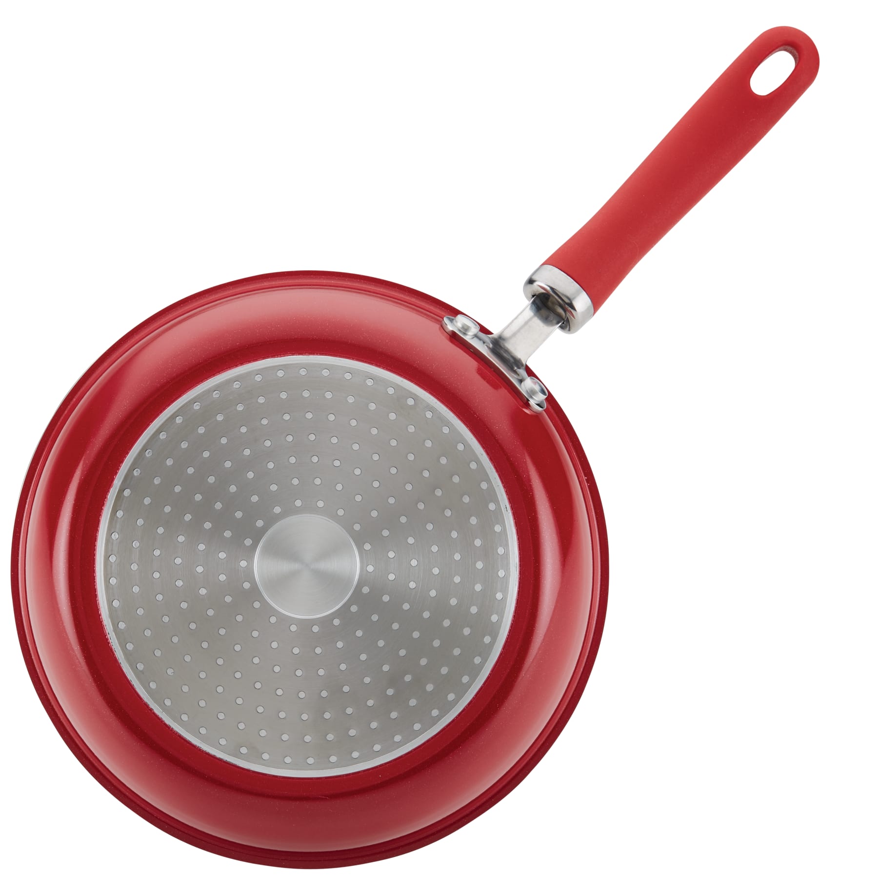 Red Nonstick Induction Deep Frying Pan with metal base and red handle, top view.