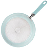 Top view of light blue 13-piece nonstick cookware set with PlatinumShield.