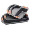 The 5-Piece Nonstick Bakeware Set includes four nested pans with vibrant orange grips, made from heavy gauge steel and oven safe up to 500°F.