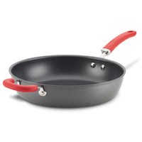 Gray 12.5" anodized nonstick deep pan with red handles on white background.