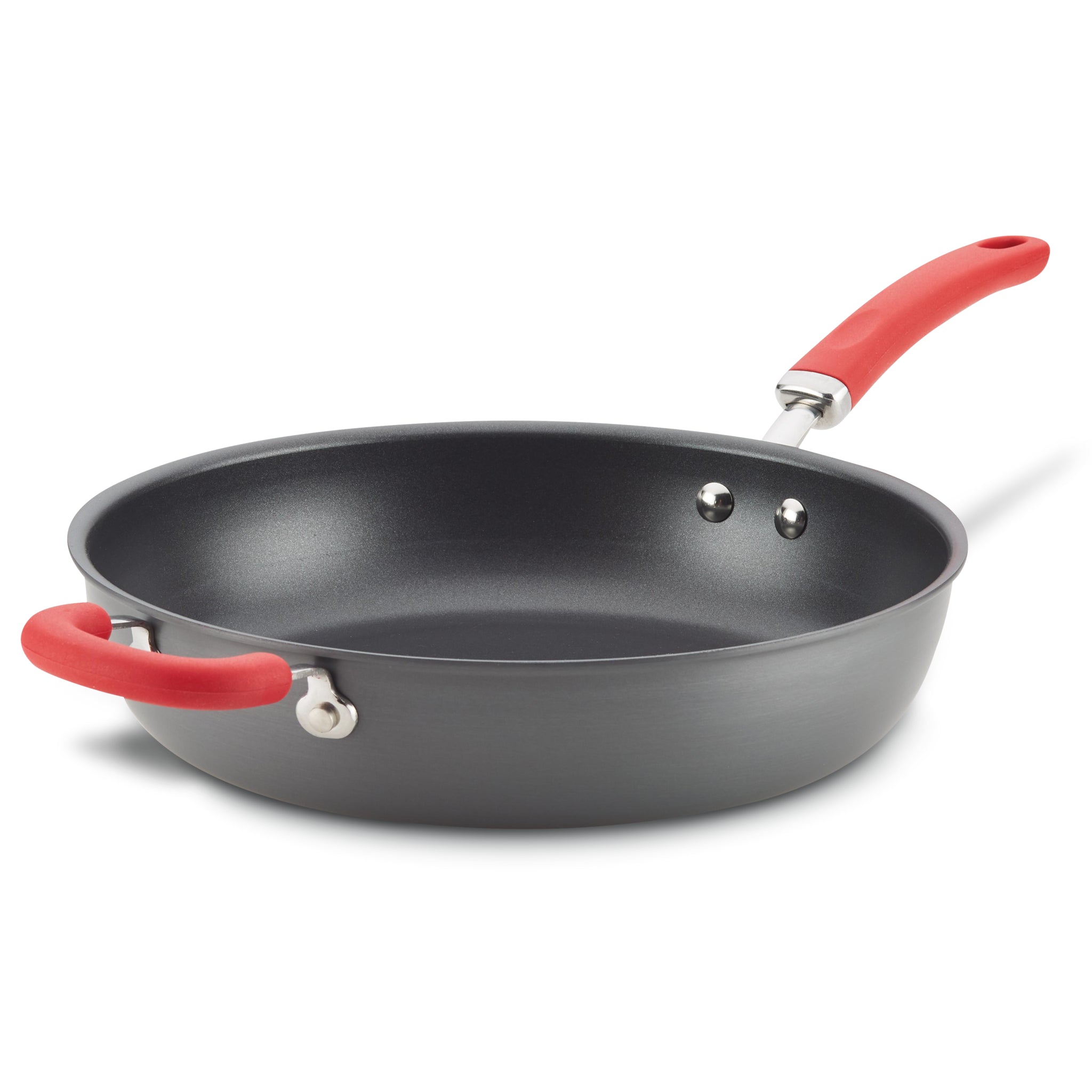 Gray 12.5" anodized nonstick deep pan with red handles on white background.