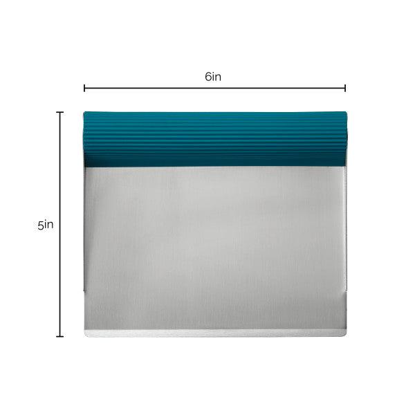 The Bench Scrape - Rach's Food Mover features a stainless steel scraper with a teal handle, making it perfect for kitchen use, and measures 6x5 inches—ideal for moving food or scraping the bench.
