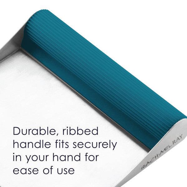 Close-up of the Bench Scrape - Rach's Food Mover, featuring a ribbed teal handle and a stainless steel edge, ideal for food moving tasks.