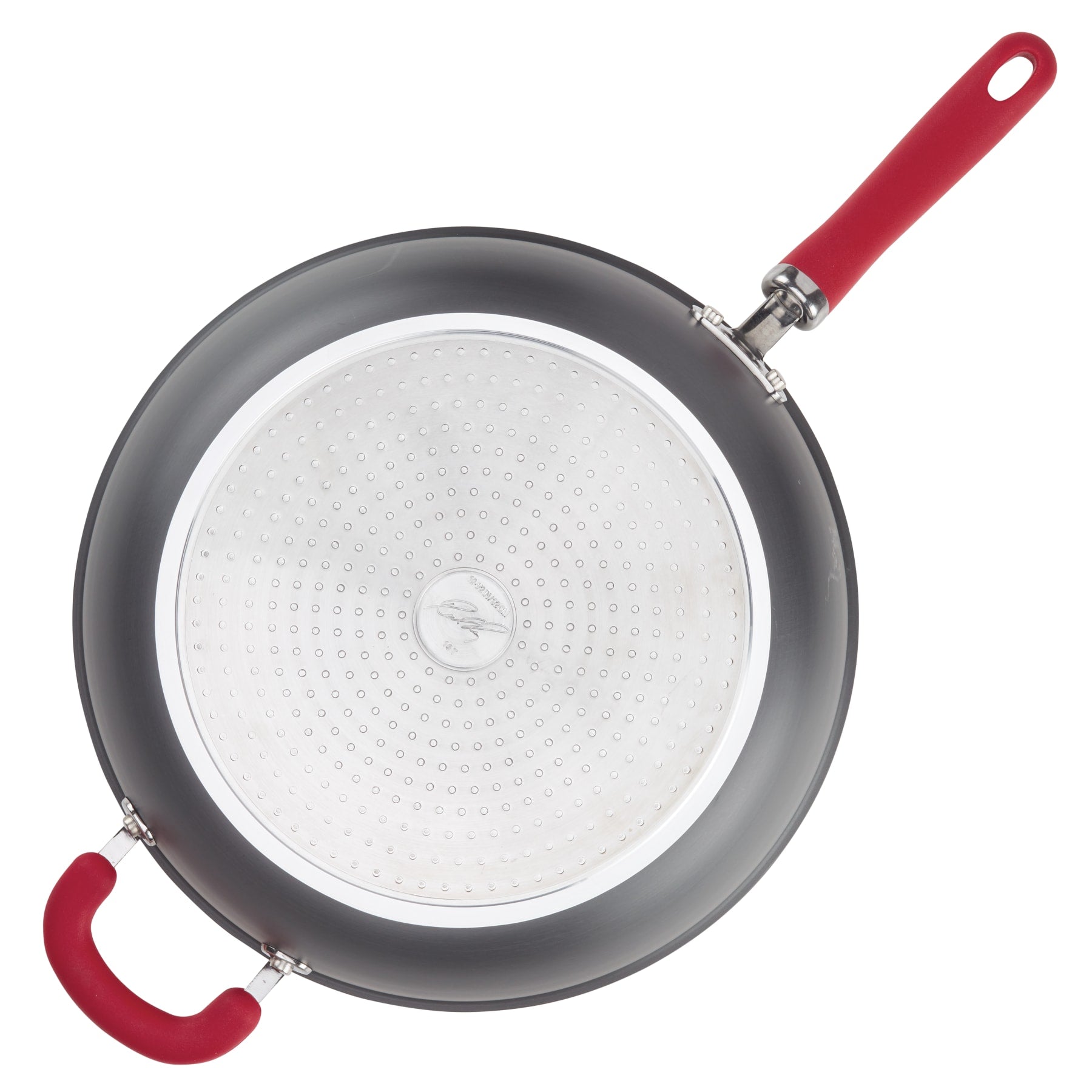 Top view of 12.5" anodized nonstick deep frying pan with helper handle.
