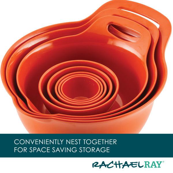 10-Piece Mix, Measure, and Utensil Set featuring stacked red mixing bowls with handles on a white background, essential kitchen tools for every home chef.