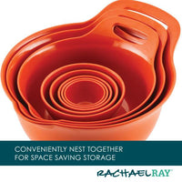 10-Piece Mix, Measure, and Utensil Set featuring stacked red mixing bowls with handles on a white background, essential kitchen tools for every home chef.