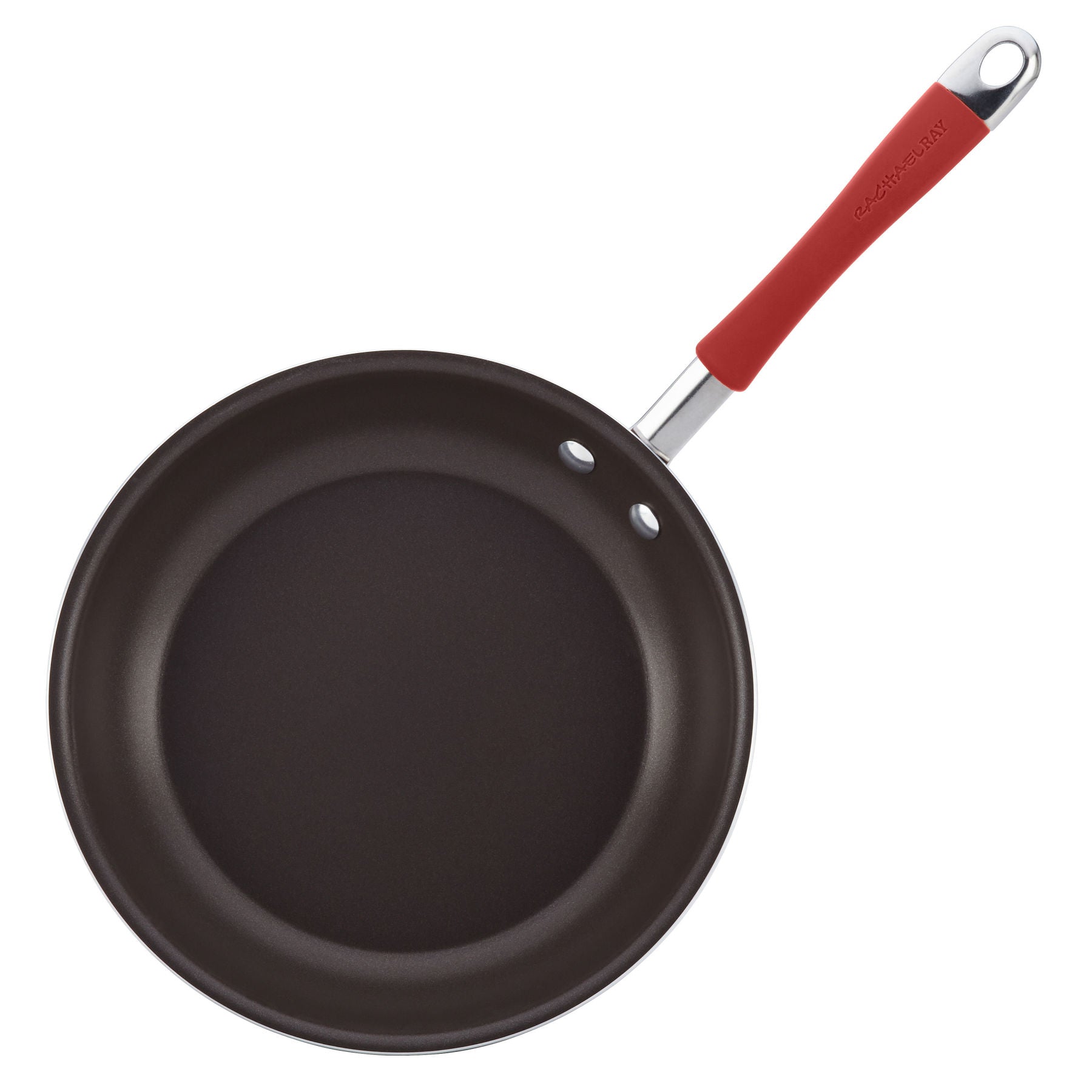 Red-handled non-stick frying pan from the 12-Piece Cucina Nonstick Cookware Set, viewed from above.