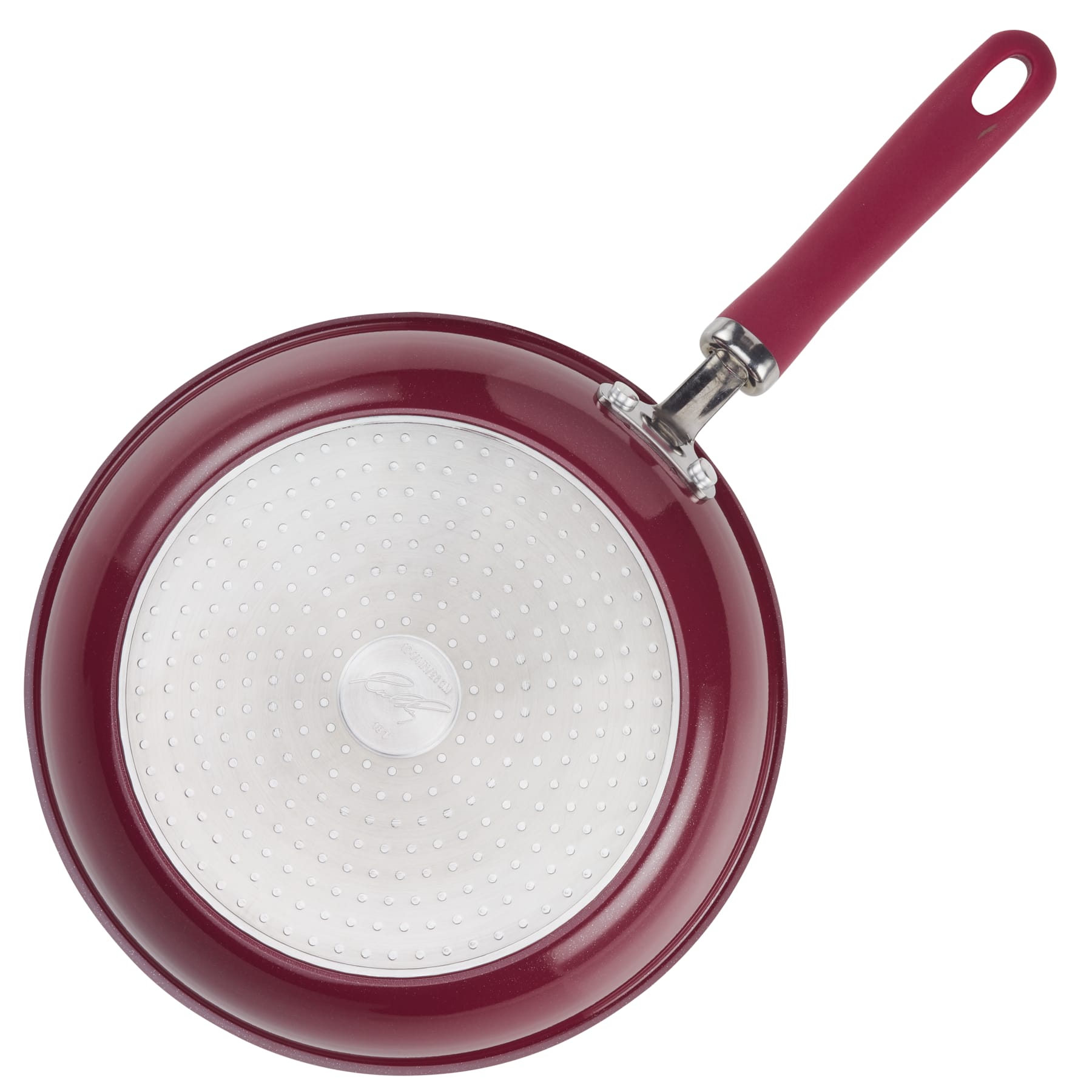 Red skillet from the 13-Piece Nonstick Induction Cookware Set with red handle.