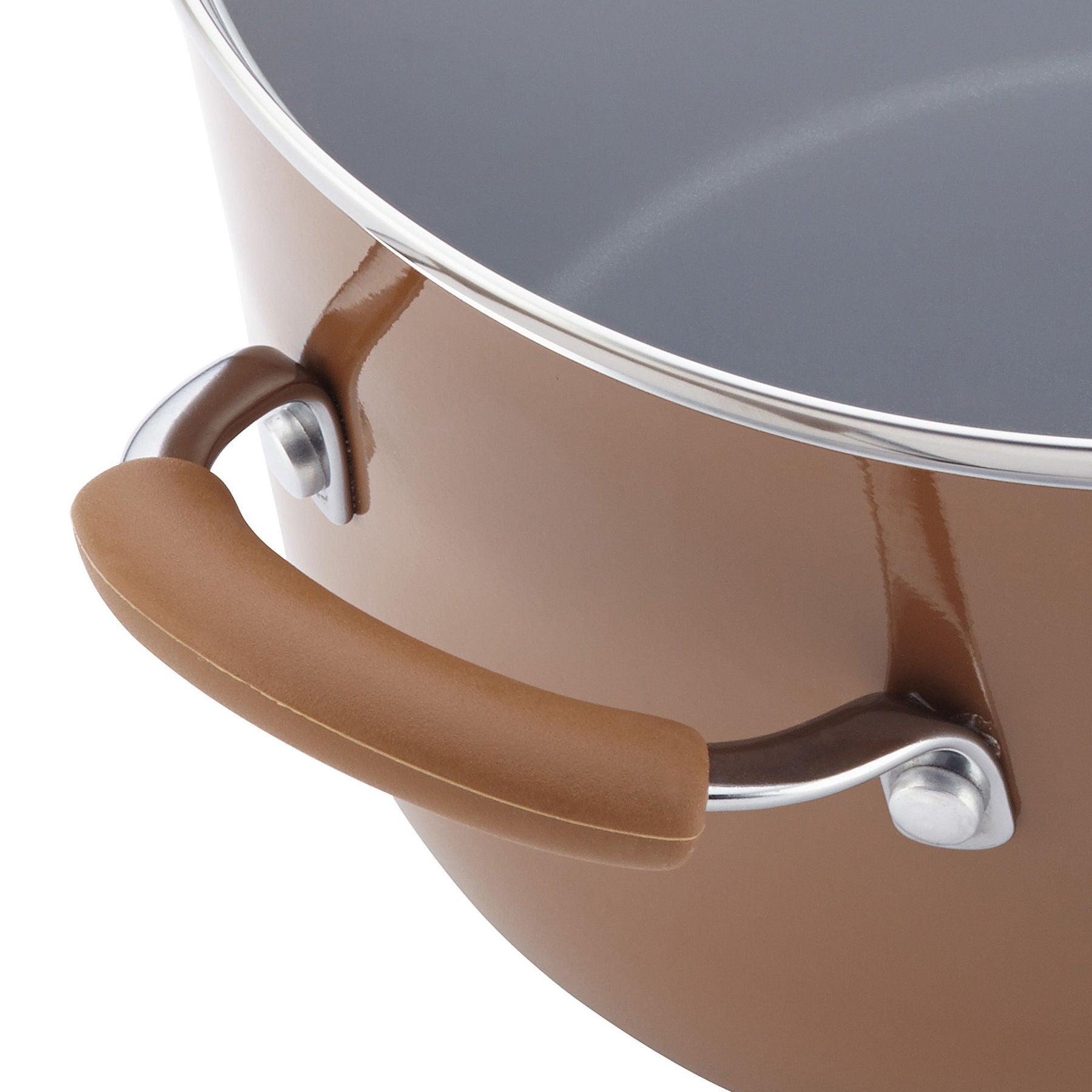 Close-up of a pot from the 12-Piece Cucina Nonstick Cookware Set, showcasing its brown exterior, metallic handle, and nonstick interior.
