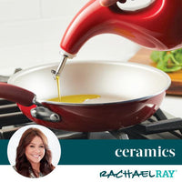 Ceramic frying pan with oil precisely poured from a red-handled 24-Ounce EVOO Bottle.