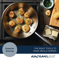 Scallops sizzle in a 10-Inch Professional Stainless Steel Induction Frying Pan on the stovetop, with herbs and butter close by.