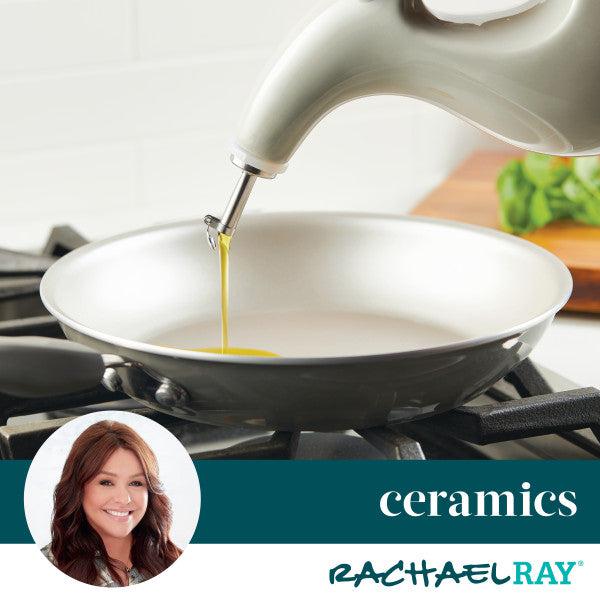 Olive oil smoothly flows from the 24-Ounce EVOO Bottle, aided by its stainless steel pour spout for precise pouring into a ceramic pan on the stovetop.