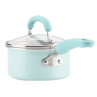 Light blue saucepan with glass lid from 13-Piece Nonstick Induction Cookware Set.