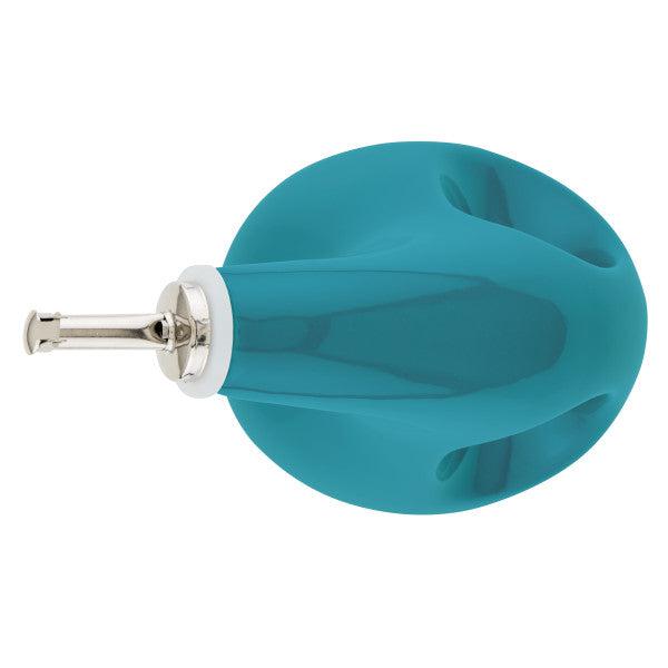 Teal rotary cutter with a silver blade and ergonomic handle, viewed from above, reminiscent of the precision pouring associated with the 24-Ounce EVOO Bottle equipped with a stainless steel pour spout.