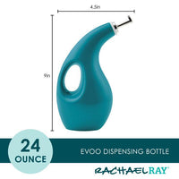 24-Ounce EVOO bottle in teal, featuring a handle and a stainless steel pour spout for precision pouring.