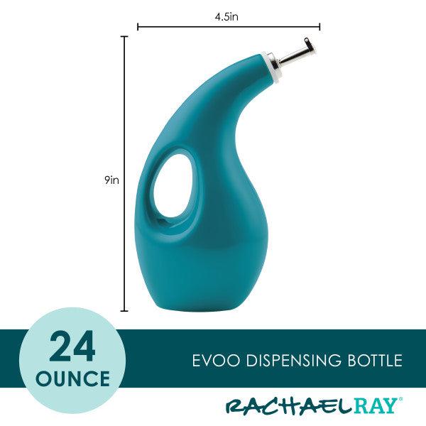 24-Ounce EVOO bottle in teal, featuring a handle and a stainless steel pour spout for precision pouring.