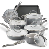 13-piece nonstick induction cookware set with PlatinumShield and glass lids.